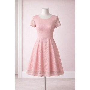 Dress Tells Pink Lace Dress Women'sSize L FloralLace Fit &Flare Short Sleeve#141